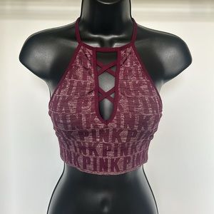 Victoria’s Secret PINK Strappy Logo Halter Bralette Burgundy Sz Small Athleisure
